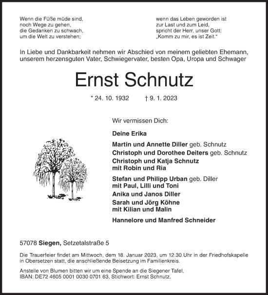 Traueranzeige von Ernst Schnutz von Siegener Zeitung