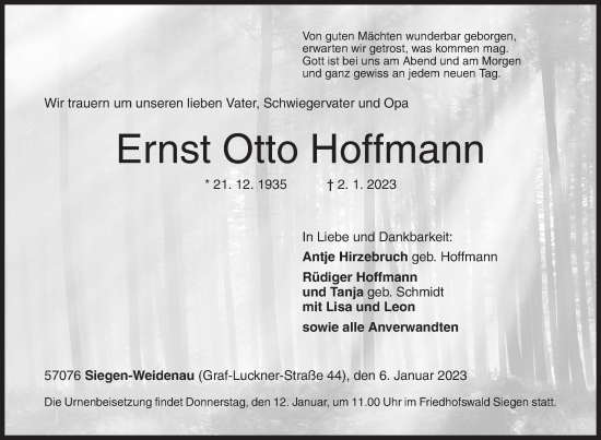 Traueranzeige von Ernst Otto Hoffmann von Siegener Zeitung