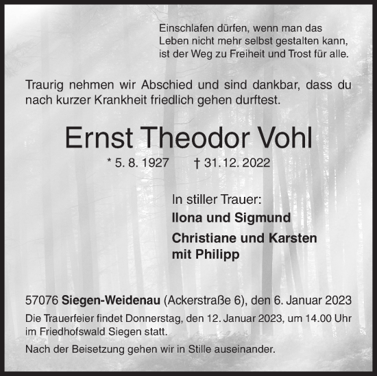 Traueranzeige von Ernst Theodor Vohl von Siegener Zeitung