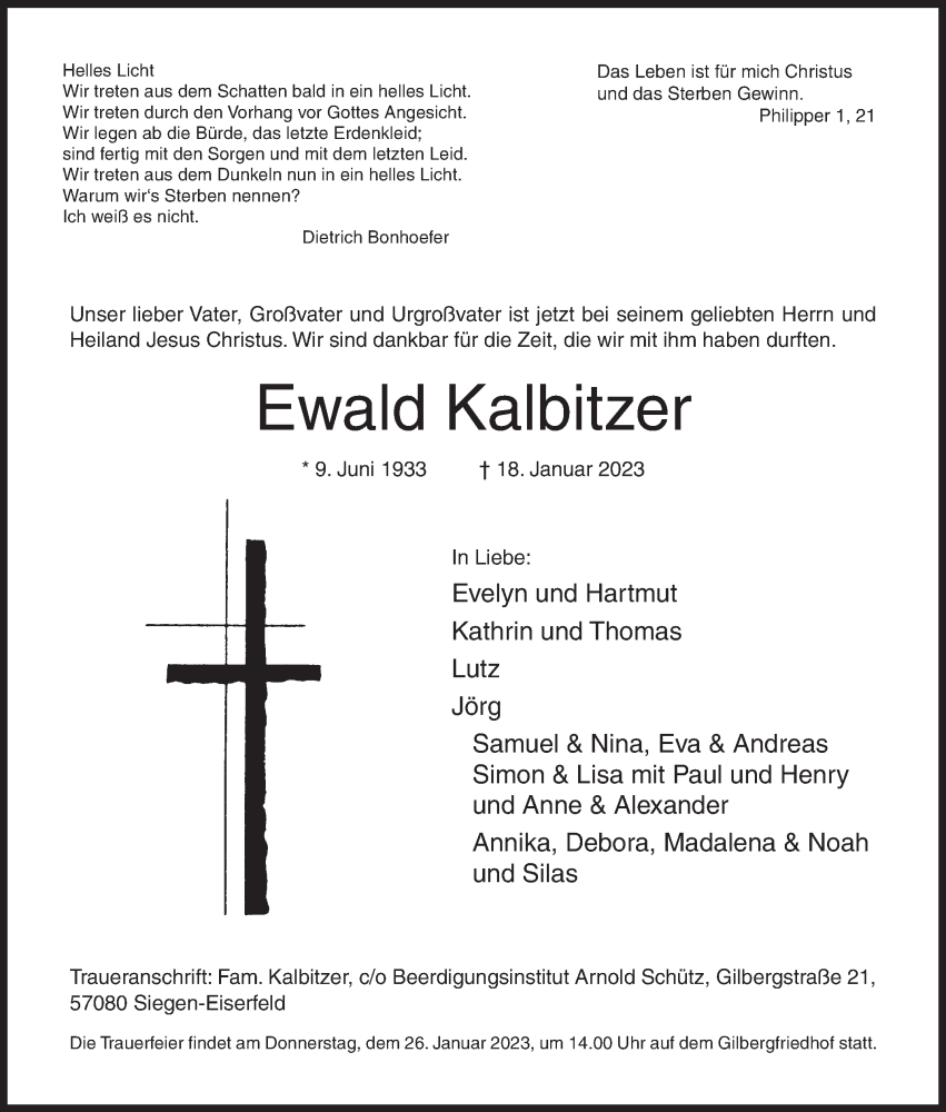  Traueranzeige für Ewald Kalbitzer vom 23.01.2023 aus Siegener Zeitung