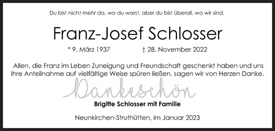 Traueranzeige von Franz-Josef Schlosser von Siegener Zeitung