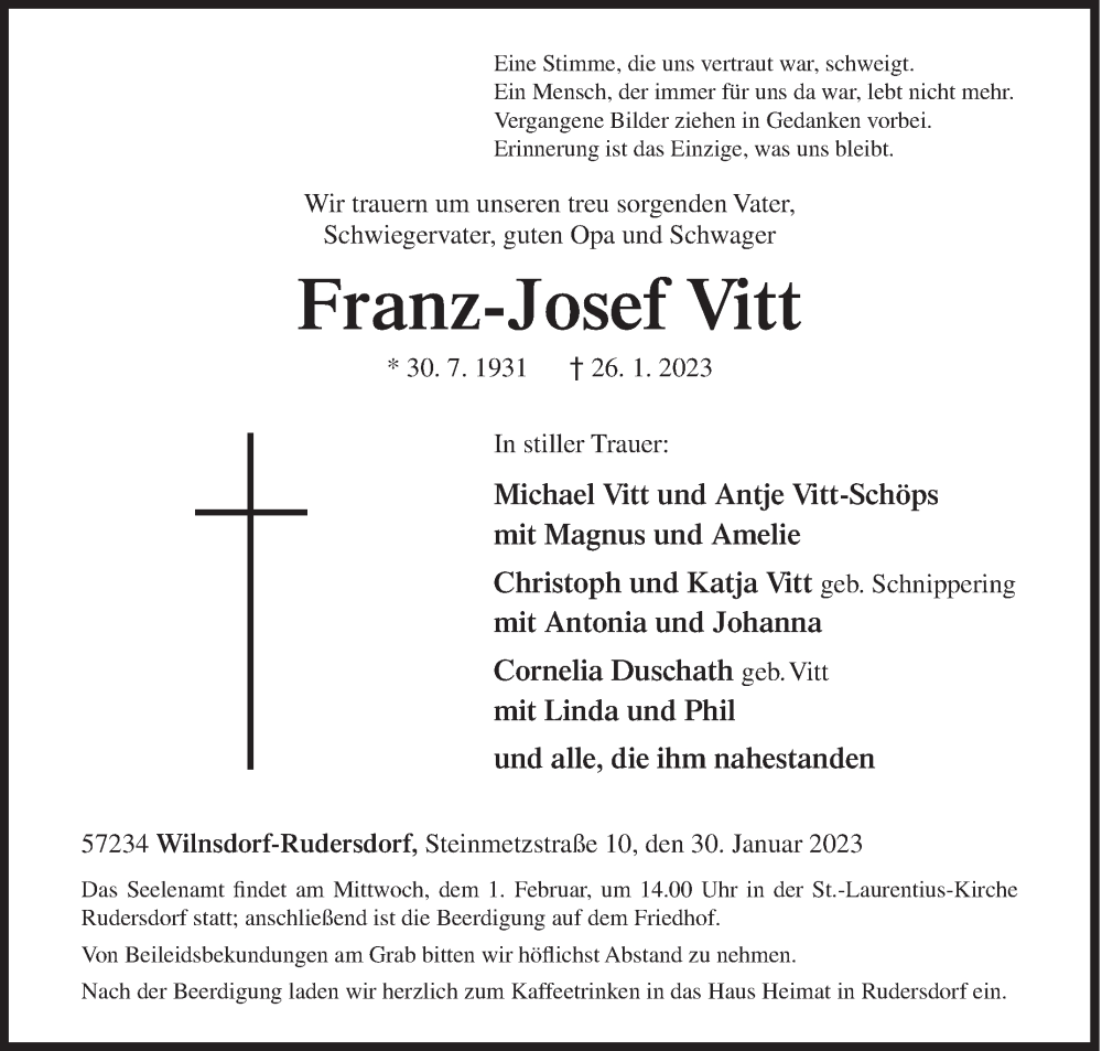  Traueranzeige für Franz-Josef Vitt vom 30.01.2023 aus Siegener Zeitung