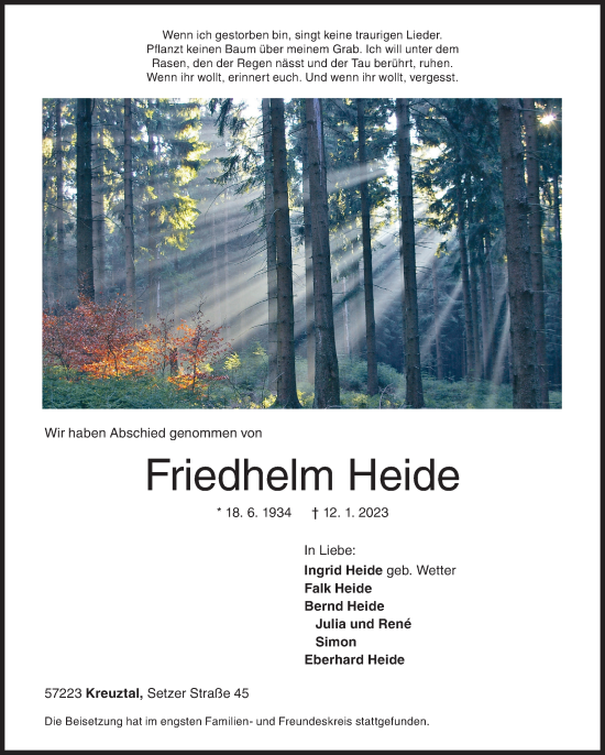 Traueranzeige von Friedhelm Heide von Siegener Zeitung