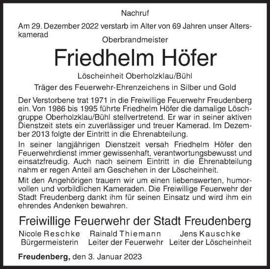 Traueranzeige von Friedhelm Höfer von Siegener Zeitung