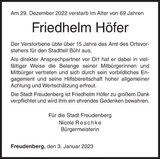 Traueranzeige von Friedhelm Höfer von Siegener Zeitung