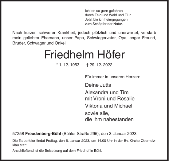 Traueranzeige von Friedhelm Höfer von Siegener Zeitung