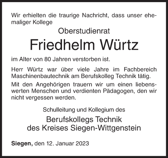 Traueranzeige von Friedhelm Würtz von Siegener Zeitung