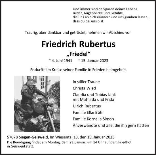 Traueranzeige von Friedrich Rubertus von Siegener Zeitung