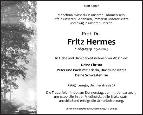 Traueranzeige von Fritz Hermes von Siegener Zeitung