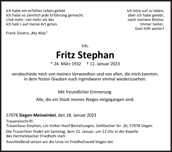 Traueranzeige von Fritz Stephan von Siegener Zeitung