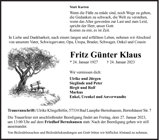 Traueranzeige von Fritz Günter Klaus von Siegener Zeitung