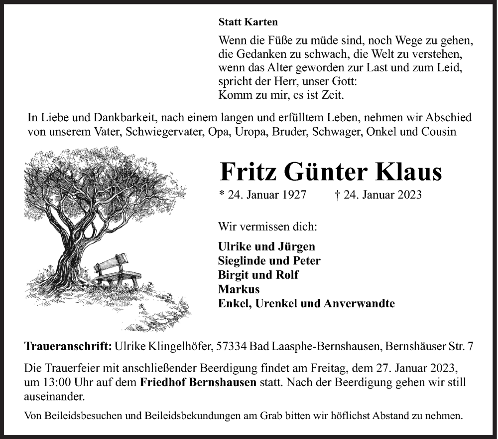  Traueranzeige für Fritz Günter Klaus vom 26.01.2023 aus Siegener Zeitung