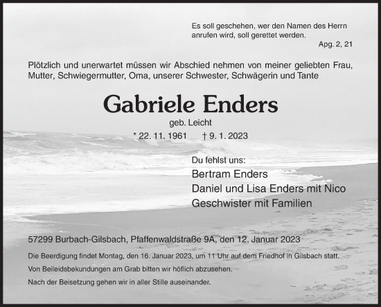 Traueranzeige von Gabriele Enders von Siegener Zeitung