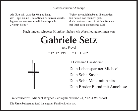 Traueranzeige von Gabriele Setz von Siegener Zeitung