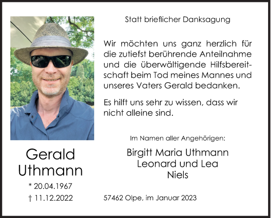 Traueranzeige von Gerald Uthmann von Siegener Zeitung