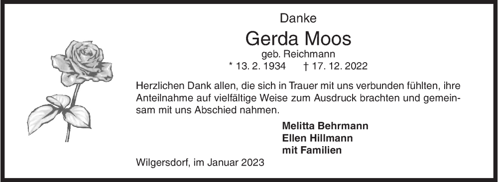  Traueranzeige für Gerda Moos vom 28.01.2023 aus Siegener Zeitung