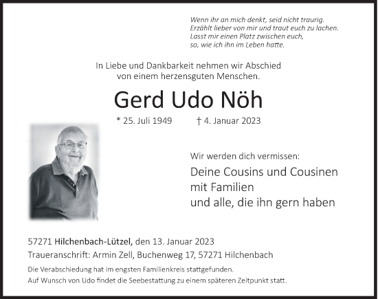 Traueranzeige von Gerd Udo Nöh von Siegener Zeitung