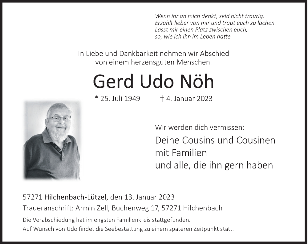  Traueranzeige für Gerd Udo Nöh vom 13.01.2023 aus Siegener Zeitung