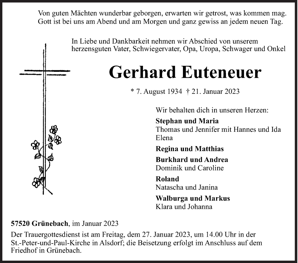  Traueranzeige für Gerhard Euteneuer vom 24.01.2023 aus Siegener Zeitung