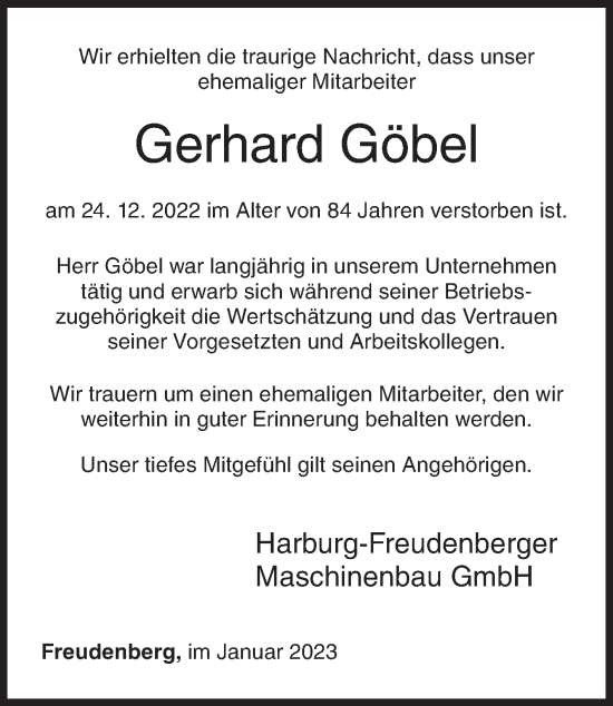 Traueranzeige von Gerhard Göbel von Siegener Zeitung