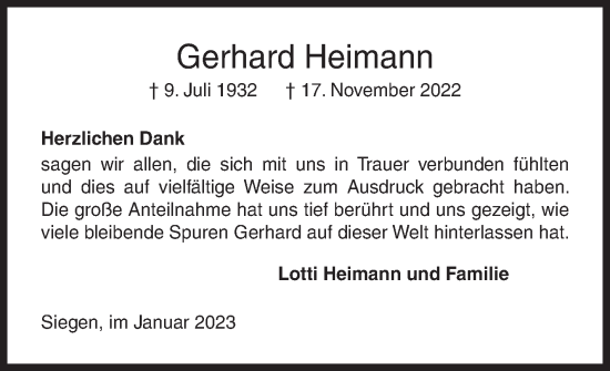 Traueranzeige von Gerhard Heimann von Siegener Zeitung