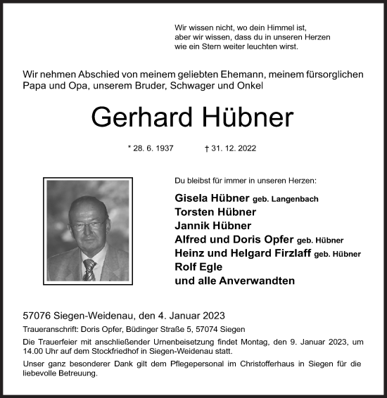 Traueranzeige von Gerhard Hübner von Siegener Zeitung