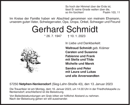 Traueranzeige von Gerhard Schmidt von Siegener Zeitung