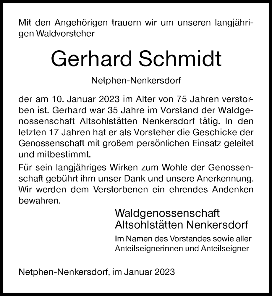  Traueranzeige für Gerhard Schmidt vom 18.01.2023 aus Siegener Zeitung