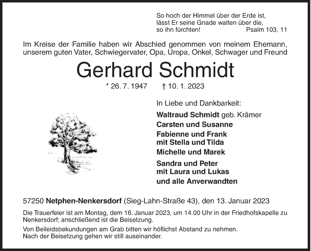  Traueranzeige für Gerhard Schmidt vom 13.01.2023 aus Siegener Zeitung