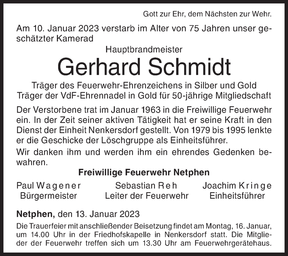  Traueranzeige für Gerhard Schmidt vom 13.01.2023 aus Siegener Zeitung