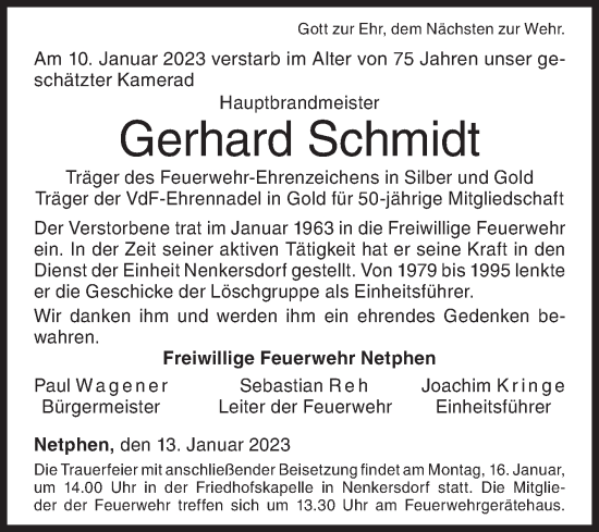 Traueranzeige von Gerhard Schmidt von Siegener Zeitung