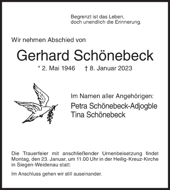 Traueranzeige von Gerhard Schönebeck von Siegener Zeitung