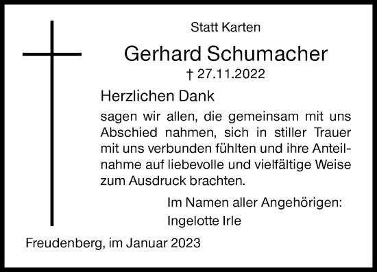 Traueranzeige von Gerhard Schumacher von Siegener Zeitung