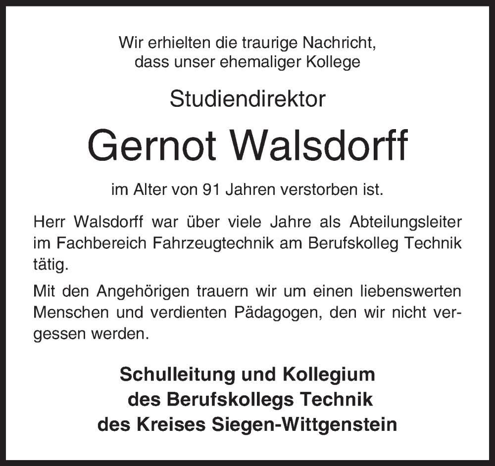  Traueranzeige für Gernot Walsdorff vom 24.01.2023 aus Siegener Zeitung