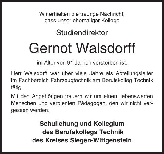 Traueranzeige von Gernot Walsdorff von Siegener Zeitung