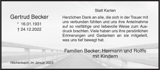 Traueranzeige von Gertrud Becker von Siegener Zeitung