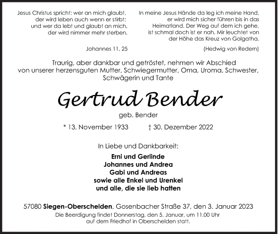 Traueranzeige von Gertrud Bender von Siegener Zeitung