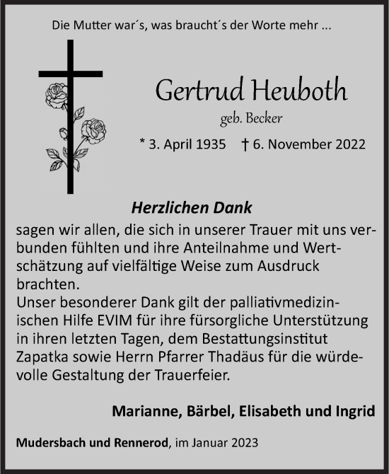 Traueranzeige von Gertrud Heuboth von Siegener Zeitung