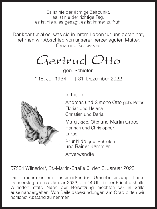 Traueranzeige von Gertrud Otto von Siegener Zeitung