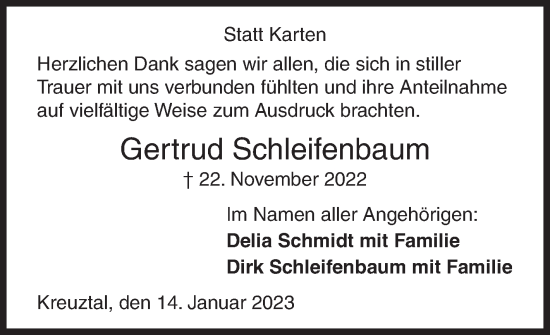 Traueranzeige von Gertrud Schleifenbaum von Siegener Zeitung