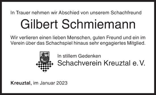 Traueranzeige von Gilbert Schmiemann von Siegener Zeitung