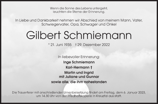 Traueranzeige von Gilbert Schmiemann von Siegener Zeitung