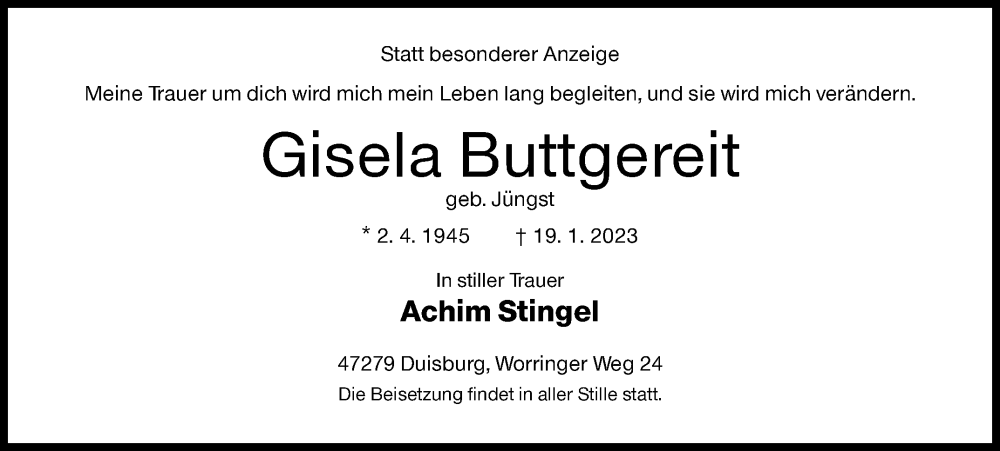  Traueranzeige für Gisela Buttgereit vom 23.01.2023 aus Siegener Zeitung