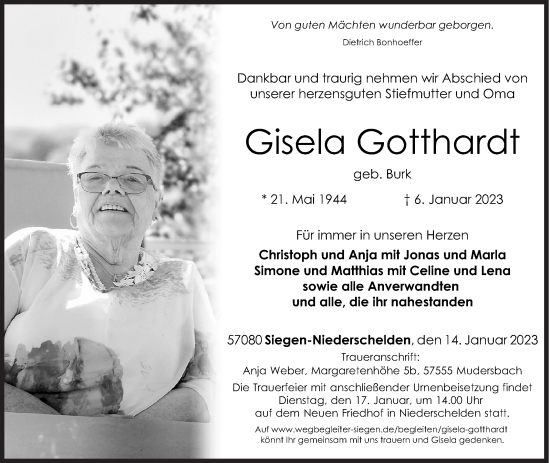 Traueranzeige von Gisela Gotthardt von Siegener Zeitung