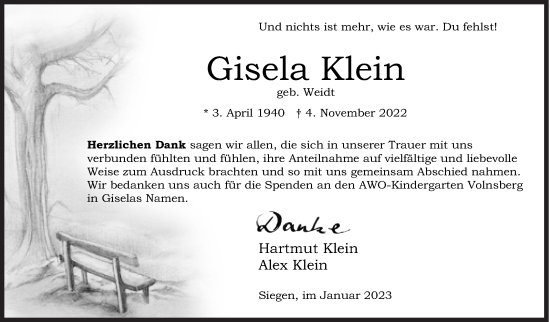 Traueranzeige von Gisela Klein von Siegener Zeitung