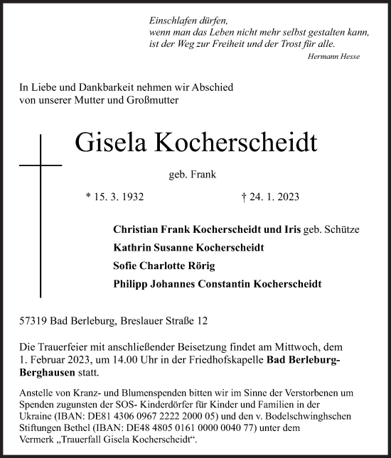 Traueranzeige von Gisela Kocherscheidt von Siegener Zeitung