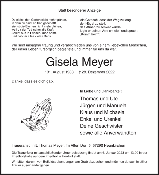 Traueranzeige von Gisela Meyer von Siegener Zeitung