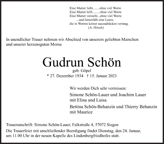 Traueranzeige von Gudrun Schön von Siegener Zeitung
