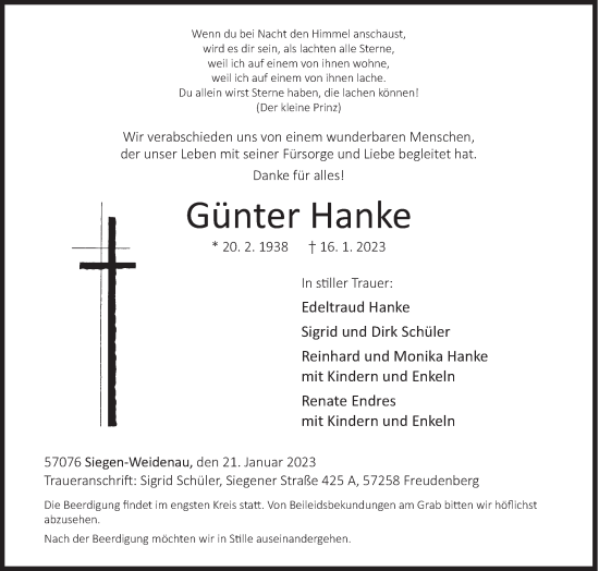 Traueranzeige von Günter Hanke von Siegener Zeitung