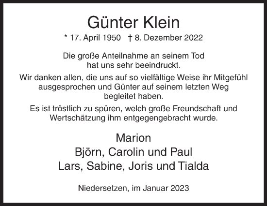 Traueranzeige von Günter Klein von Siegener Zeitung